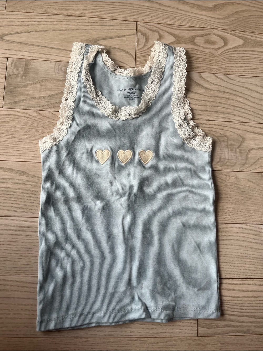 Brandy Melville Light Blue Lace-Trim Tank Top with Heart Appliqués